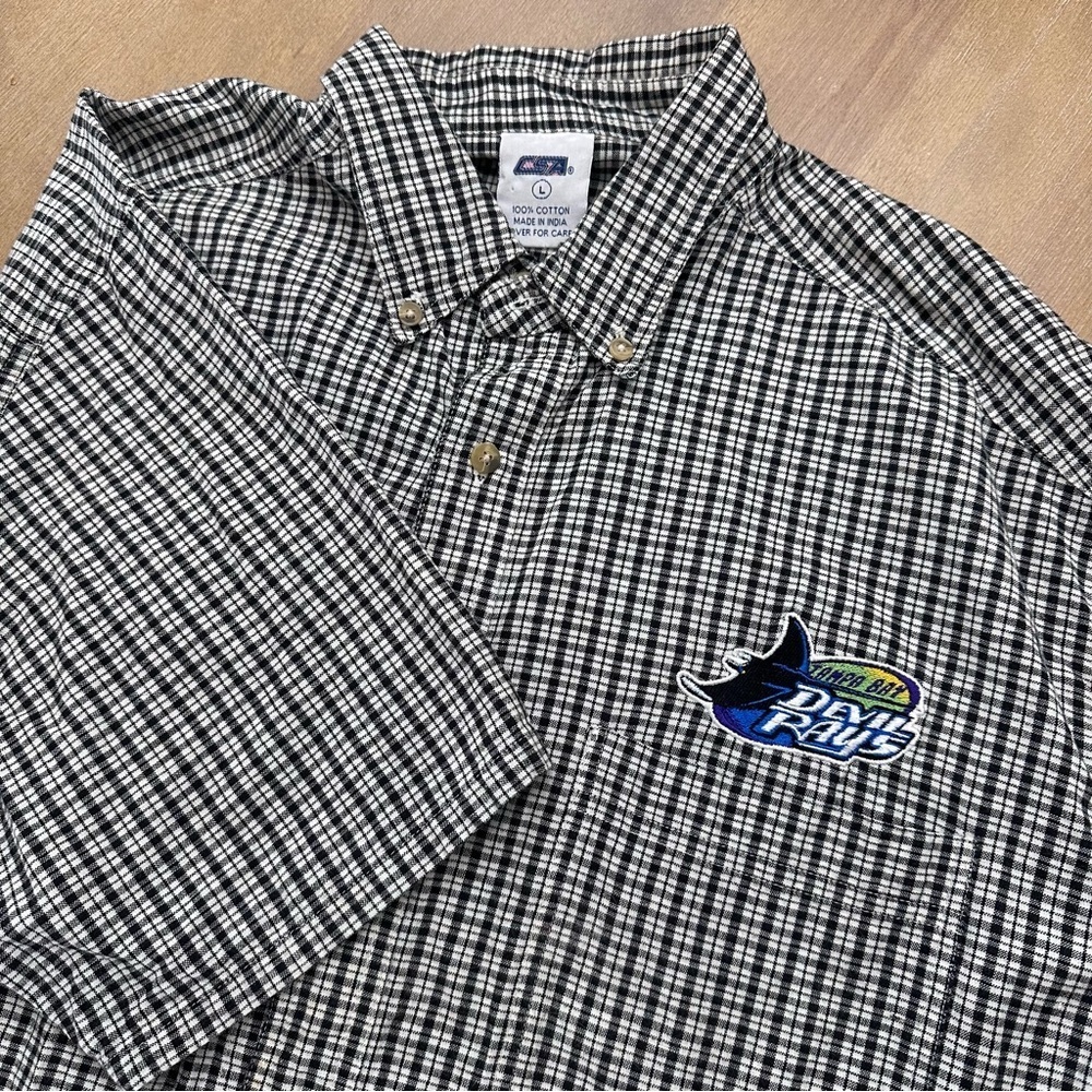 Vintage Tampa Bay Devil Rays Gingham Button Down Short Sleeve Men’s Shirt Large